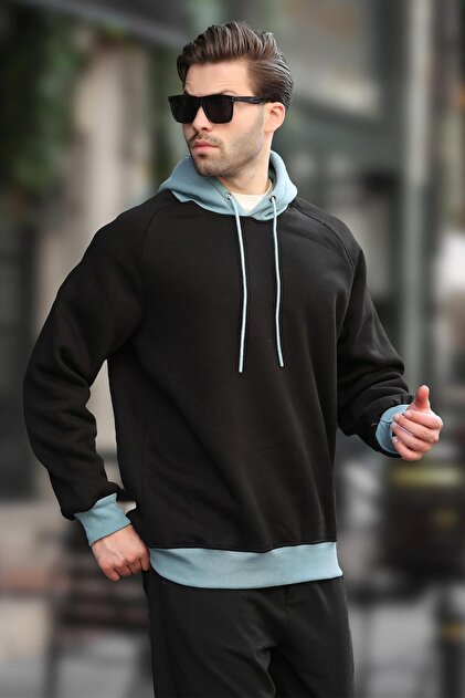 Madmext Siyah Renk Bloklu Kapüşonlu Sweatshirt 7073 - Fiyatı