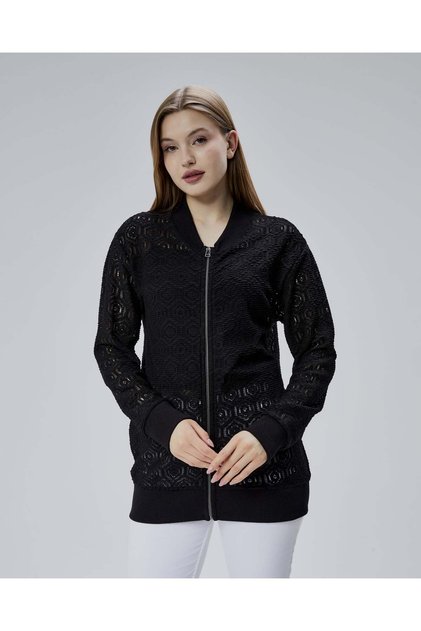 Kadın Dantelli Bomber Ceket - Siyah