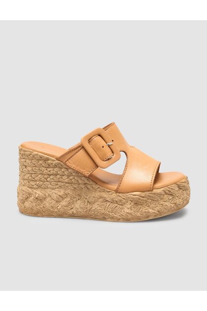 100% Genuine Leather Tan Wedge Heel Women's Slippers