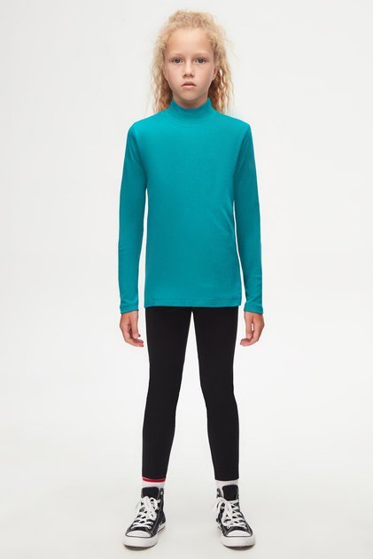 Dark Petrol Basic Winter Half Turtleneck Long Sleeve Girl's T-Shirt