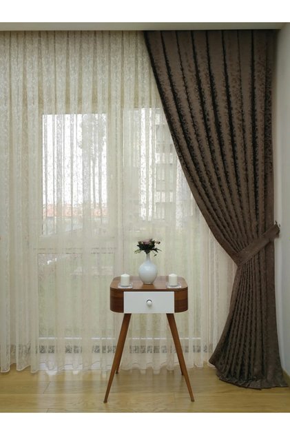 Brown Linen Jacquard Modern Pattern 3 Layer Pleated Background Curtain