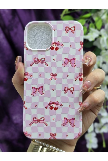 iPhone 13/14 Compatible Ribbon and Cherry Patterned Velvet Inside Hard Silicone White Phone Case