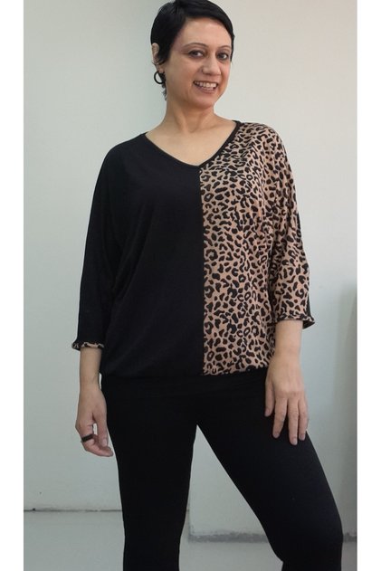 Black V-Neck Elbow Tan Leopard Print Skirt Cuffed Bat Sleeve Combed Viscose T-Shirt