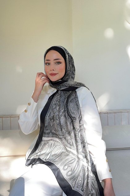 Ethnic Voile Vintage Pattern Shawl - Black - Gray
