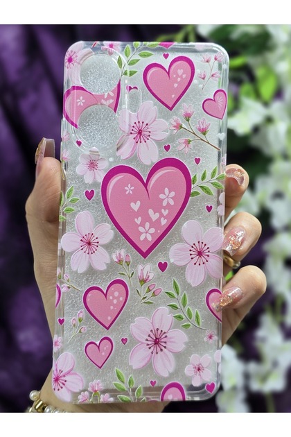 Realme C55 Compatible Heart and Flower Patterned Silicone Transparent Phone Case