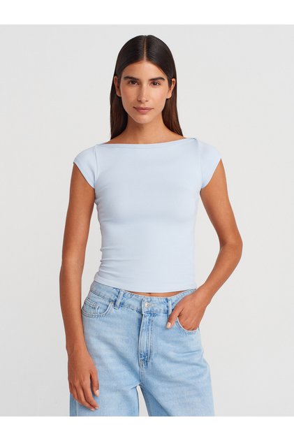 31809 Boat Neck Ribbed T-Shirt-Light Blue