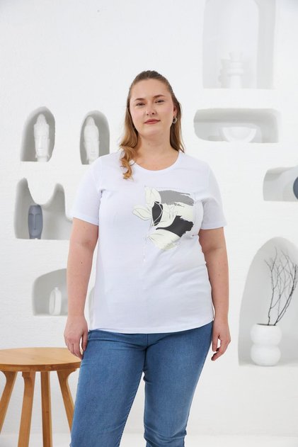 Floral Pattern Printed Large Size T-Shirt White
