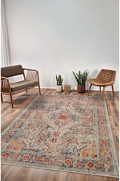 Vintage Kilim Göbekli Motifli Gri ve Bej Klasik Dijital Şönil Kilim