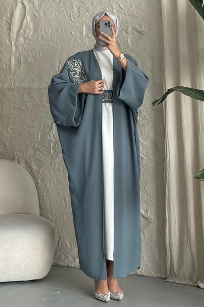 Mint Abaya with Batwing Sleeves and Embellished Collar