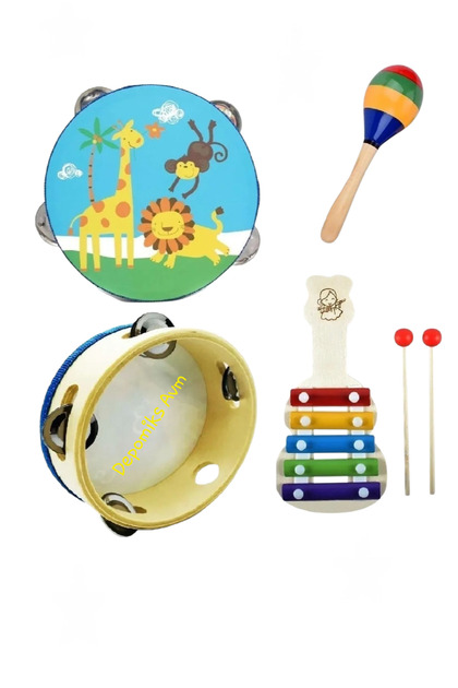 Montessori Müzik Ritim Seti Klisefon- Ahşap Zilli Tef - Zilli Marakas Müzik Aletleri