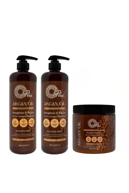 Argan Oil Hair Restoration Set: Jumbo Shampoo, Conditioner & Bath Oil