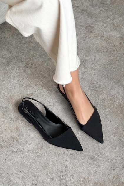 Viktor Black Matte Front Black Satin Ankle Strap Detail Pointed Toe Short Heel Women's Ballet Flats