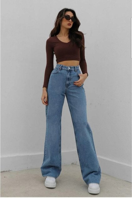Blue Snow Wash Lycra Extra High Waist Palazzo Loose Jean Trousers