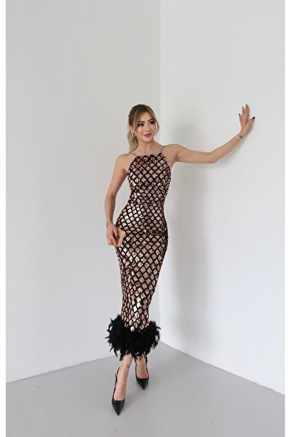 Women's Imported Sequin Fabric Dress with Feather Detail at the Bottom, Back Slit, Lined, Special Design.