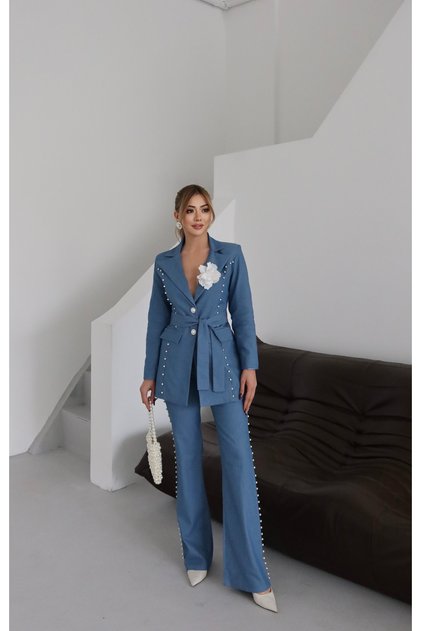 Women's Imported Denim Fabric Pearl Embroidered Belted Lined Rose Accessory Special Design Jacket Pants Set