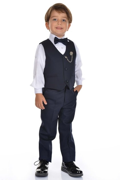 Boy's Vest, Bow Tie, Shirt, Suit, Buttoned Brooch, Pants