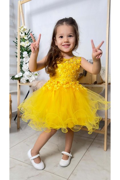 Girl's Daisy Dress with Pearls MNK0585 YELLOW