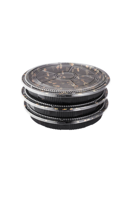 Black and gold patterned plastic cheesecake box set with clear lid, 3 boxes, size 34.5 cm