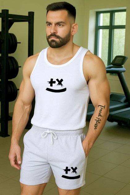 Men's Sports Tank Top and Shorts Set - Smiley Face Printed Fitness Gym Tank Top and Shorts