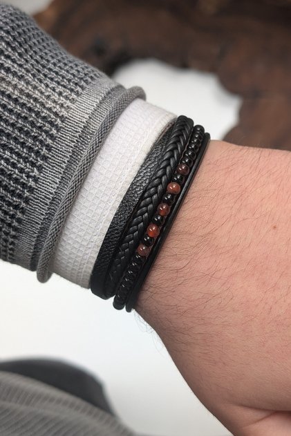Custom Made Genuine Leather Men's Bracelet with Natural Stone