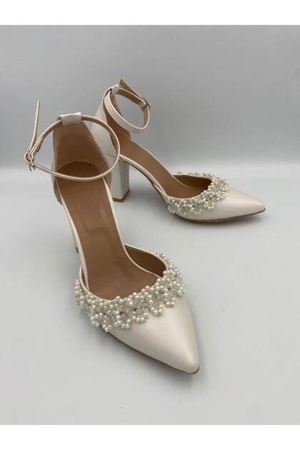 Brid Pearl Embellished Chunky Heel Bridal Shoes, Ankle Strap Wedding Shoes