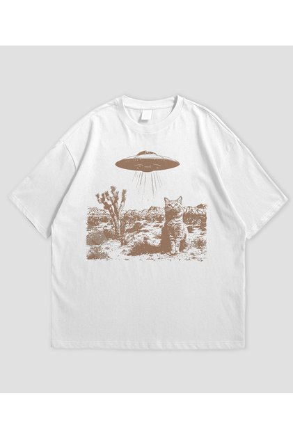 Ufo and Cat Printed White Oversize T-Shirt Unisex 100% Cotton Crew Neck T-Shirt