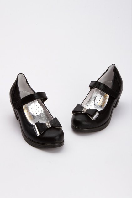 Girl's Bow Black Heeled Evening Dress Shoes