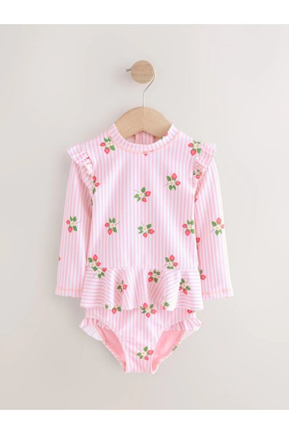 Sun Proof Upf50 One Piece Pink Strawberry Print Long Sleeve Swimsuit Alyab7039