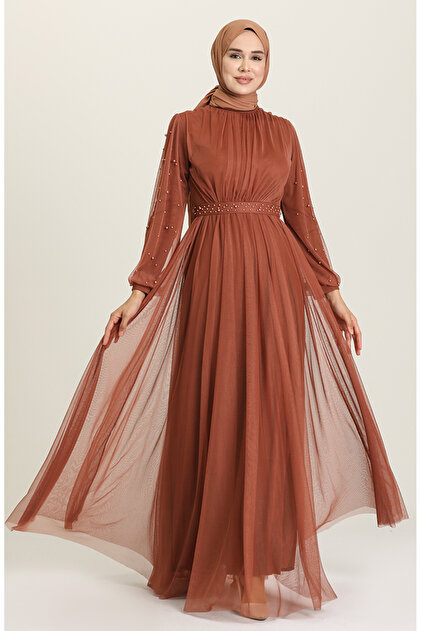 sefamerve Pearl Evening Dress 5514-16 Brown- Trendyol sefamerve Pearl Evening Dress 5514-16 Brown- Trendyol