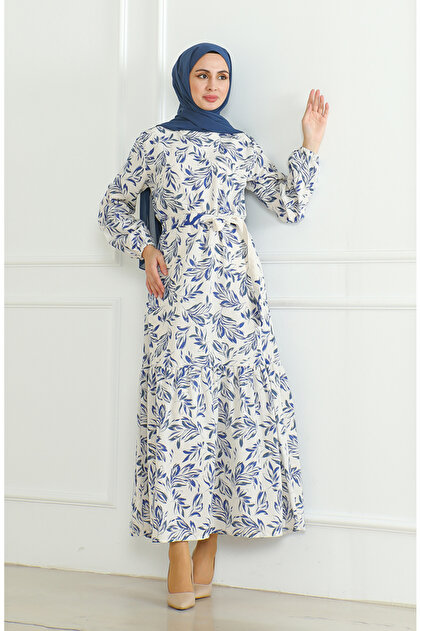 sefamerve Beige Saks Linen Dress - Patterned and Belted 0471-04- Trendyol