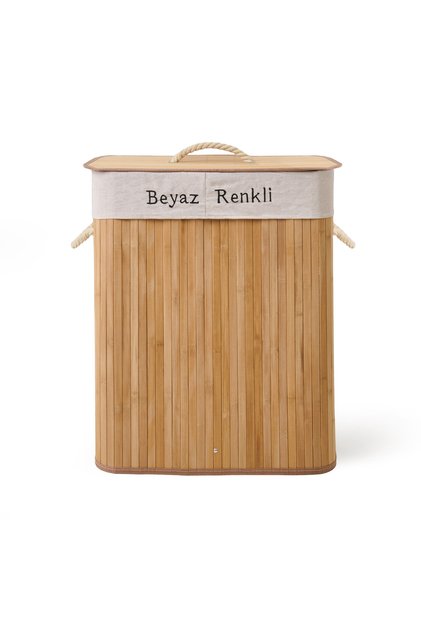Bambu Çift Hazneli Örme Çamaşır Sepeti - Bej - 80 lt