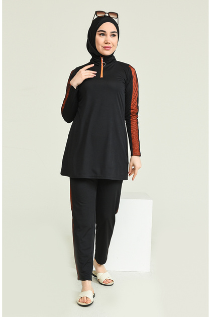 4-teiliger Hijab-Badeanzug mit Netzärmeln und halbem Reißverschluss 2207-02 Schwarz Orange