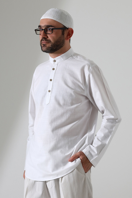 Men's Judge Collar Long Sleeve Buttoned Linen Shirt White (Vşn)