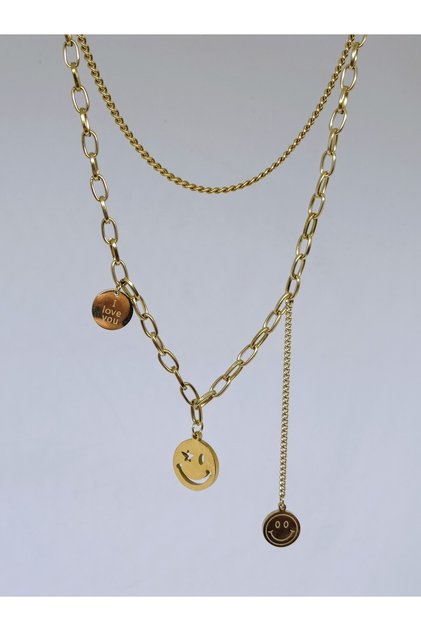 1. Grade Quality 316L Surgical Steel Women's Short Necklace, Smiling Face Double Chain Model No 17
