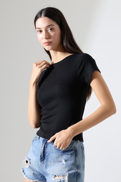 Ribana Fabric Boat Neck Short Sleeve Basic Women's T-Shirt 21996 Black