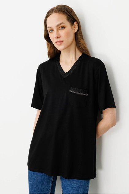 Women's Crew Neck Pocket and Collar Glitter Combed Cotton T-Shirt Black
