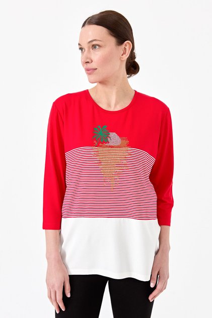 Women's Crew Neck Stoned Striped Combed Cotton Blouse Red