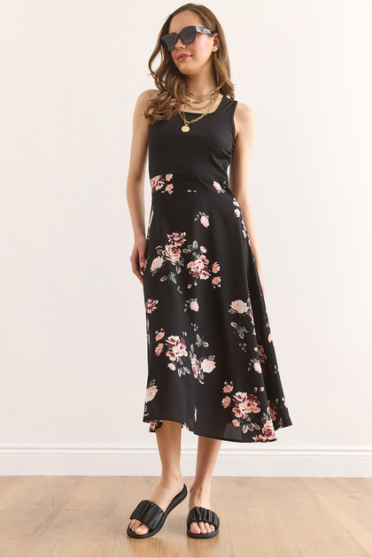 Women's Black Rose Side Hidden Zipper Garnished Midi Dress Elb-19002393