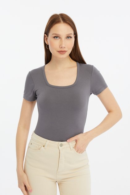 Women's Anthracite Gray Square Neck Short Sleeve Blouse