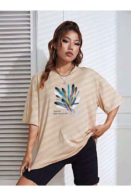 Unisex Colorful Feather Patterned T-Shirt - Printed Oversized Crew Neck Short Sleeve T-Shirt