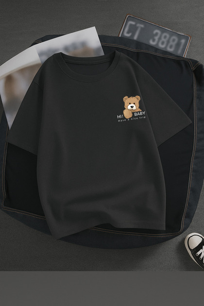 Teddy Bear Pocket Detail Oversized Relaxed Fit Loose T-Shirt - Black White Short Sleeve Crew Neck Colorful