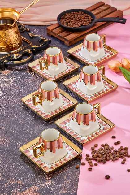 90 ml Porcelain 6-Piece Coffee Cup Set - Stylish Design Gold Gilded Modern Cup Set