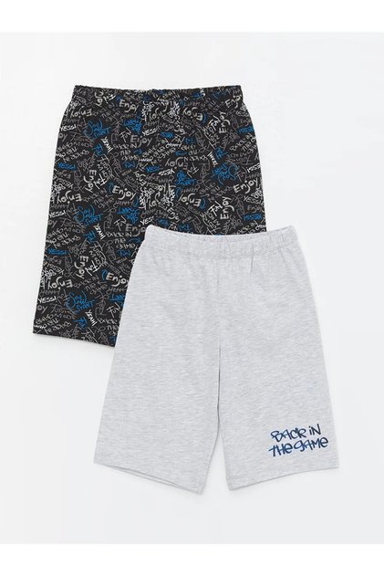Black Elastic Waist Printed Boys' Pajama Shorts 2-Piece