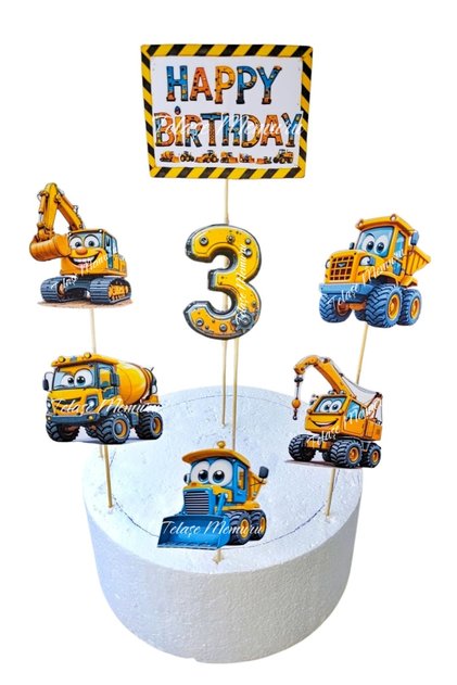 3 Years Construction Machinery Birthday Cake Topper - Construction Machinery Cake Topper and Birthday Concept