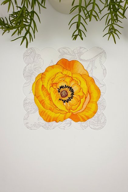 Yellow Poppy Flower Printed Laser Cut Fabric Cocktail Napkin 1 Piece