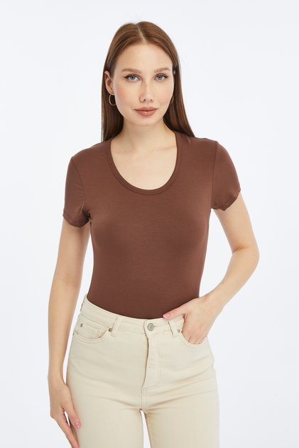 Women's Brown Crew Neck Short Sleeve Plain Viscose Blouse