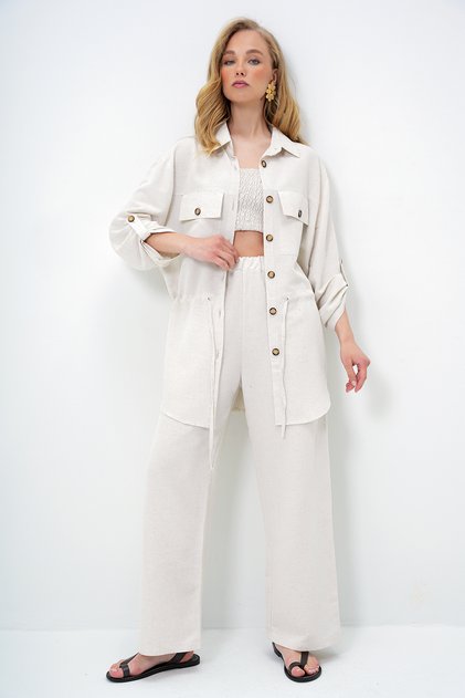 Set jachetă și pantaloni safari din in, cu guler de cămașă ecru, buzunare duble și legături, ALC-X14060