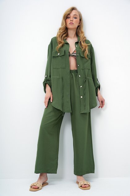 Women's Khaki Double Pocket Safari Jacket and Elastic Waist Wide Leg Aerobin Trousers Suit Ymx8448