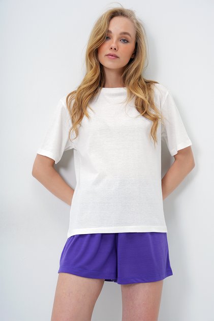 Women's Purple Cotton Basic T-Shirt and Tie-Up Shorts Combed Cotton Bottom Top Set Pjm-X13904