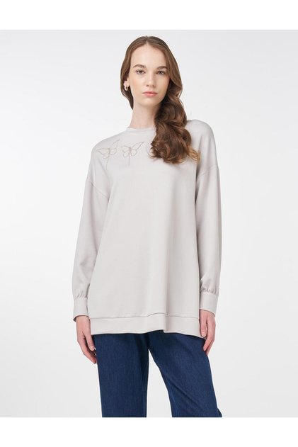 Button Detailed Scuba Sweatshirt Light Gray
